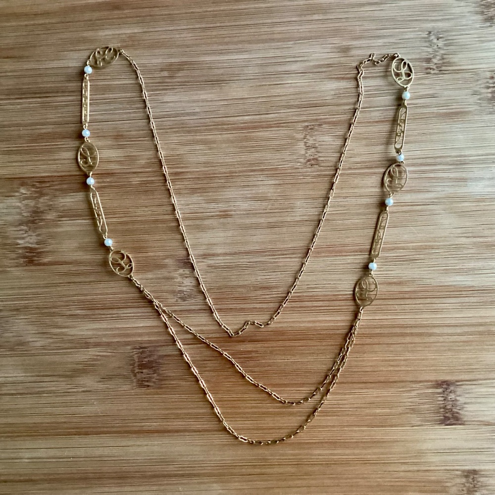 Avon Vintage Gold Tone Long Layered chain Pearl Initial Touch Necklace “L” Gift - Picture 2 of 10